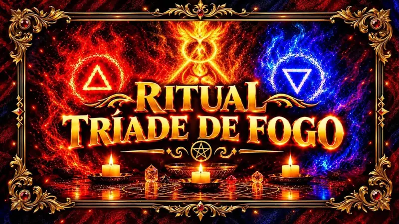 Capa do vídeo do Ritual Tríade de Fogo: o título em letras douradas entre chamas vermelhas e azuis, com três velas acesas